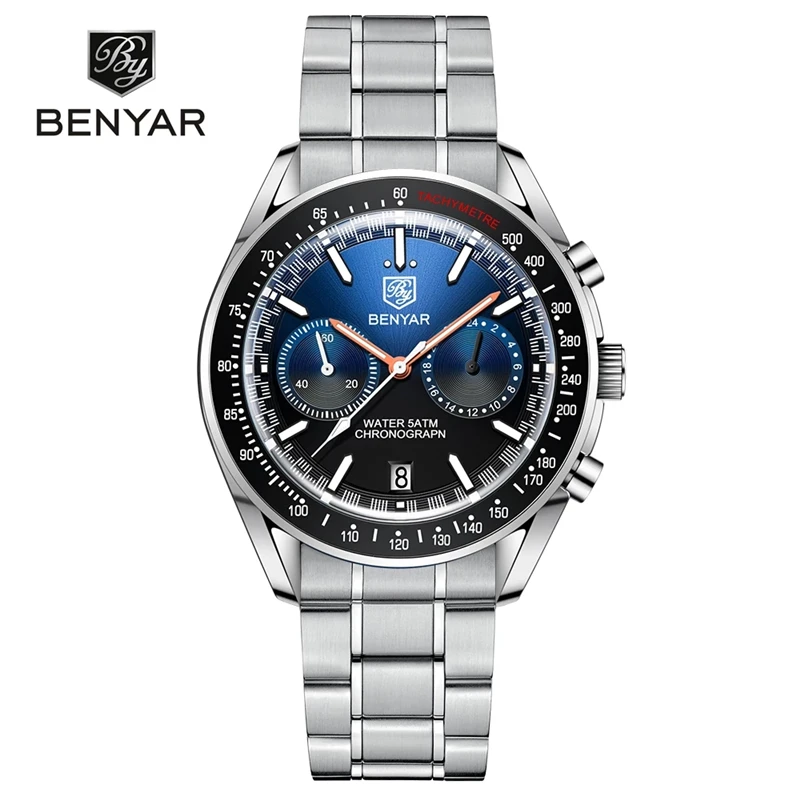 Benyar 2022 Nový luxusný mužský kremeň hodinky z nehrdzavejúcej ocele Chronograf Chronograph Watch Multifunkčné hodinky pre mužov