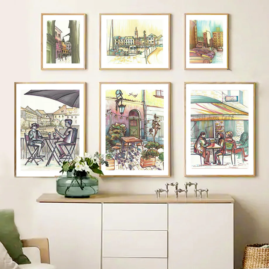 Benátky Rialto Bridge Watercolor Wall Art Art nástenná maľba maľba maľba talianska krajina.