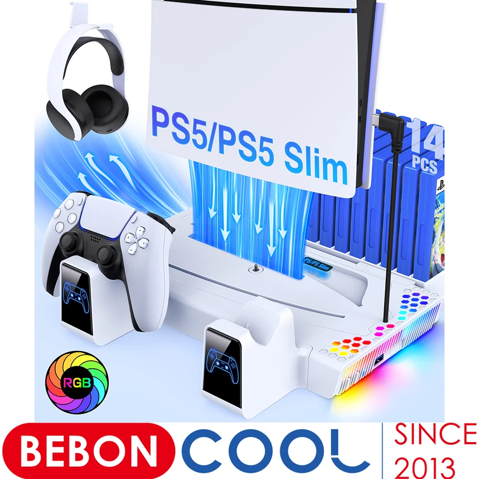 BeonCool pre chladiaci stojan PS5 pre PS5 Slim Cooling Station Wall Stock pre konzolu PlayStation5 Dual Gamepad nabíjačka