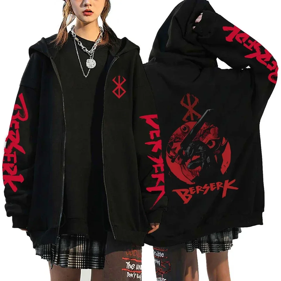 Berserk Zipper Hoodies Anime Guts Manga Zip Up Jacket Pánske dámske tlačené príležitostné príležitostné mikiny s dlhým rukávom Hip Hop Streetwear