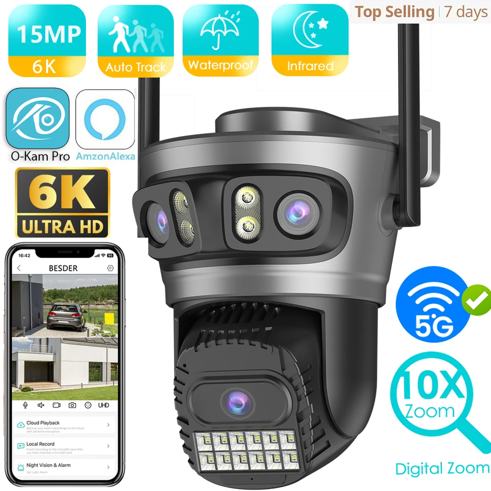 Besder 15MP 6K bezpečnosť ochrana WiFi Fotoaparát Tri šošovky Nočné videnie Outdoor IP fotoaparát CCTV sledovací monitor O-KAM PRO