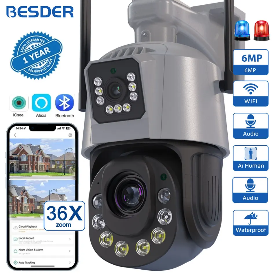 Besder 6MP WiFi IP fotoaparát PTZ Outdoor Dual Screen 36x Optický zoom 120m IR nočné videnie Human Detection CCTV Sledovacia kamera CCTV