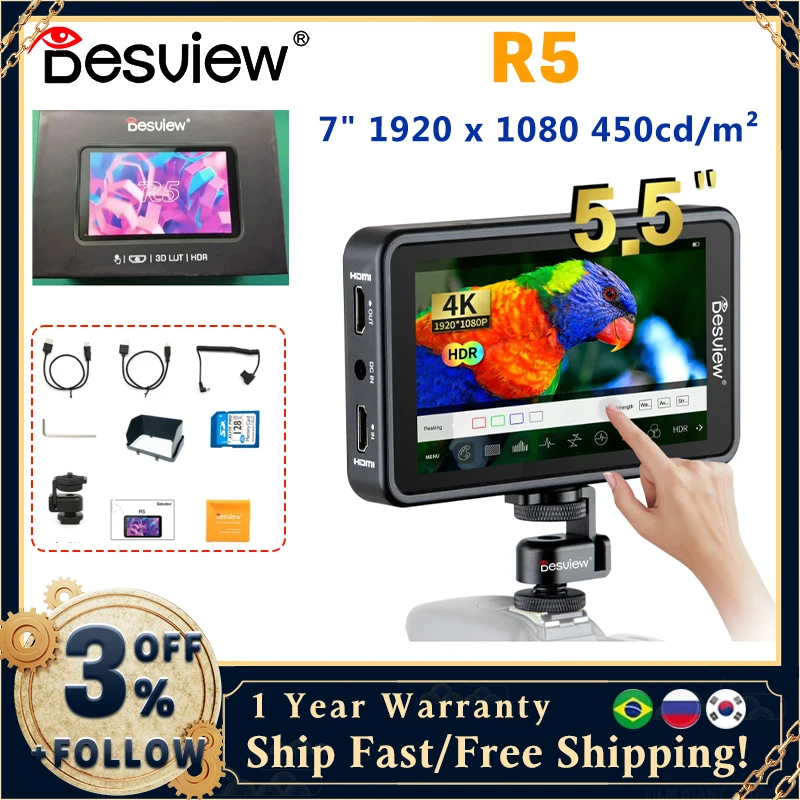 BestView DesView R5 Touch Screen Screen HDR 3D LUT DSLR Monitor 4K 5,5 palca Full HD 1920x1080 IPS Display Field Monitor pre fotoaparát