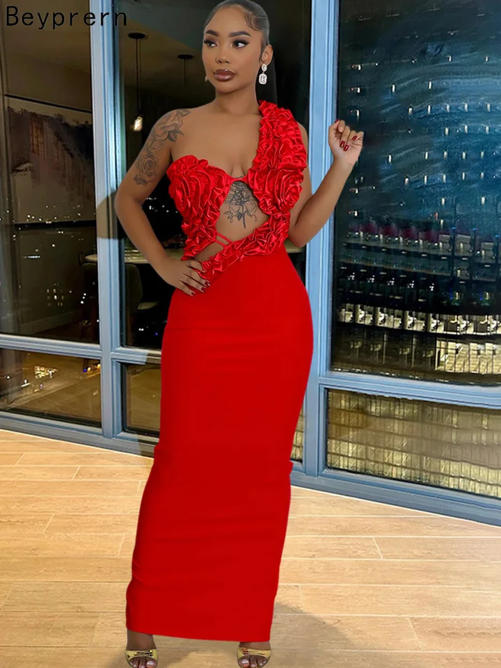 Beyprern Dámske ruže detaily vystrihnuté dlhé midi šaty glam bez rukávov červené kvetinové večerné šaty Nový rok Vestido rúcho