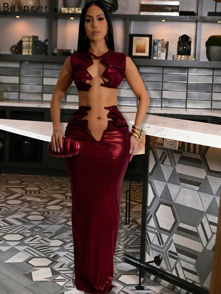 Beyprern New Chic Hollow out Desire Ruched Suck Set Ženy Elegantné kožené kože bez rukávov Dvojdielne šaty nočné klubové oblečenie kombinézy