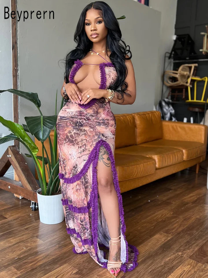 Beyprner Chic Dámska dutina out High štrbina dlhé maxi šaty perfektné leopardové tlače večierky Dress Night Club outfits Vestido