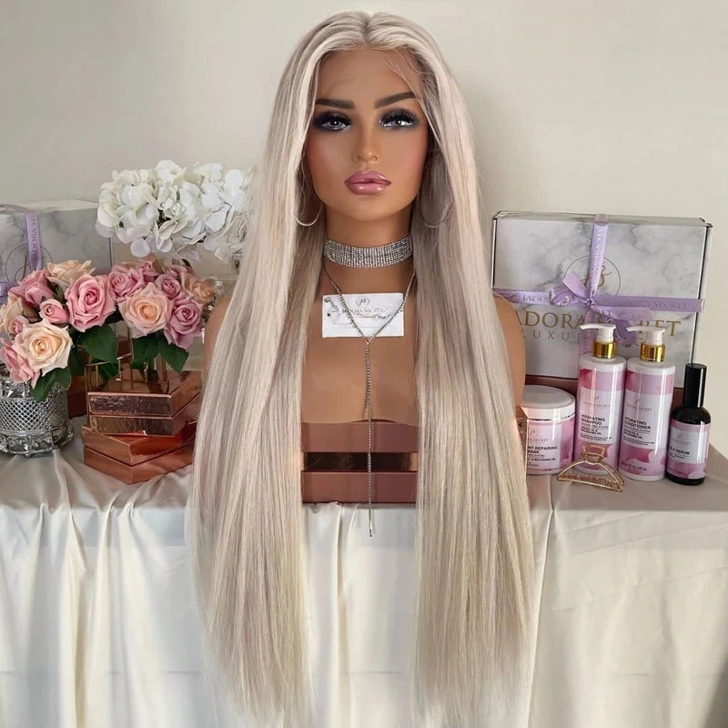 Bez glueless dlhej ľadovej platinovej blondínky syntetické mäkké vlasové čipky predné parochne pre biele ženy 26 palcov priehľadné hodvábne rovné parochne