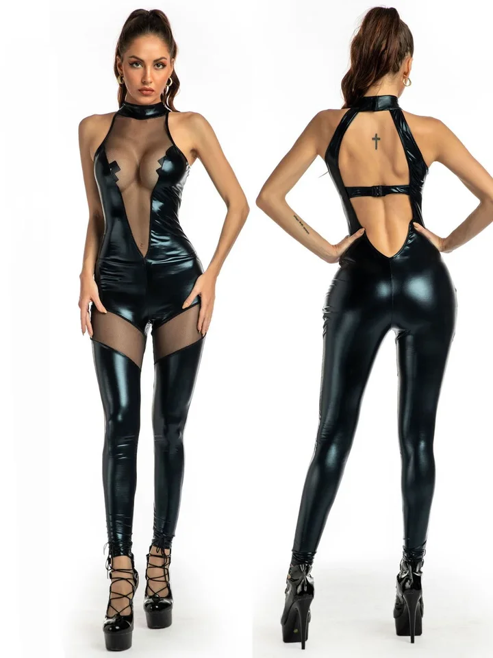 Bez rukávov lesklý PU koža Catsuit Mesh Transparentné bezpriemerné pančuchy Cosplay Cosplay Bodysuit Trojo