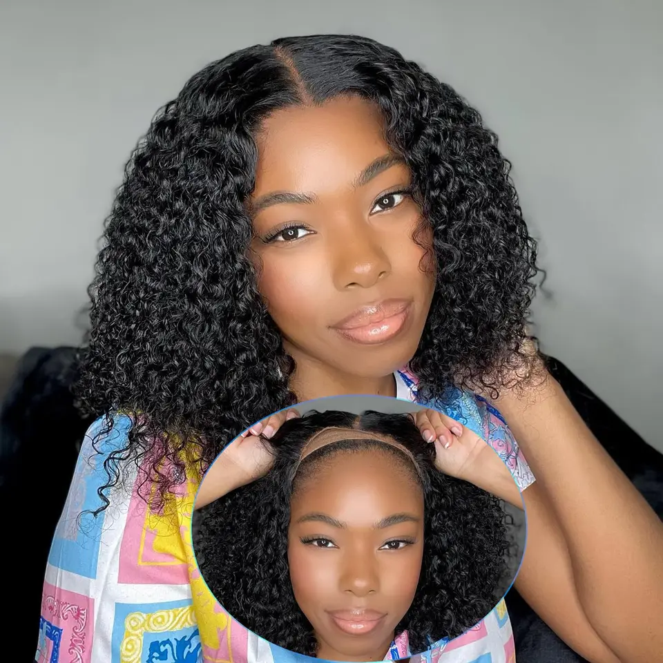Bezbohé krátke kučeravé kučeravé parochne Bobs 4x4 čipky Uzatváranie ľudských vlasov Parochne Parochne a choďte kučeravá parochňa Bob Remy Hair 4x4 Lace Closure Closure Parochne