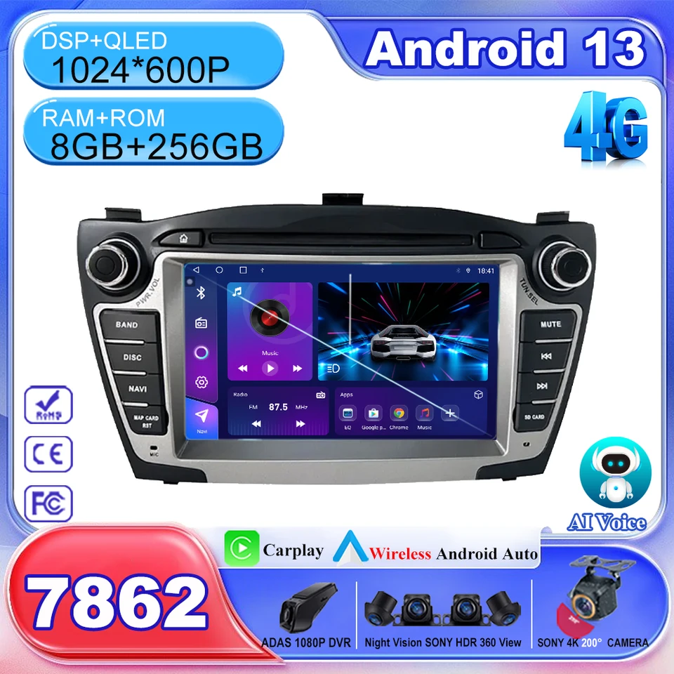 Bezdrôtová CarPlay pre Hyundai Tucson 2 LM IX35 2009-2015 7 palcov 8+256 Car Android 13 Auto Radio Multimedia Player Navigácia GPS