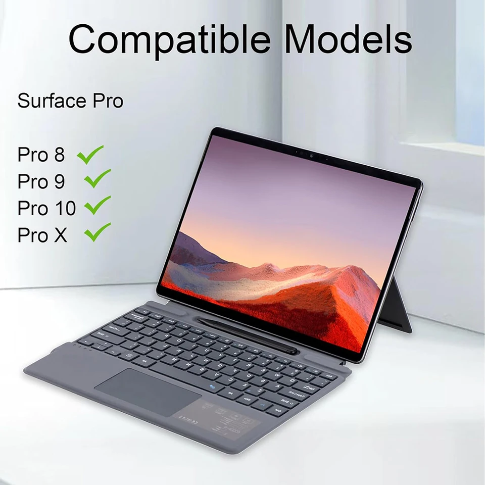 Bezdrôtová klávesnica Bluetooth kompatibilná 7 farebná podsvietenie Ultra štíhla klávesnica nabíjateľná s dotykovým spadom pre Surface Pro 8/9/10/x