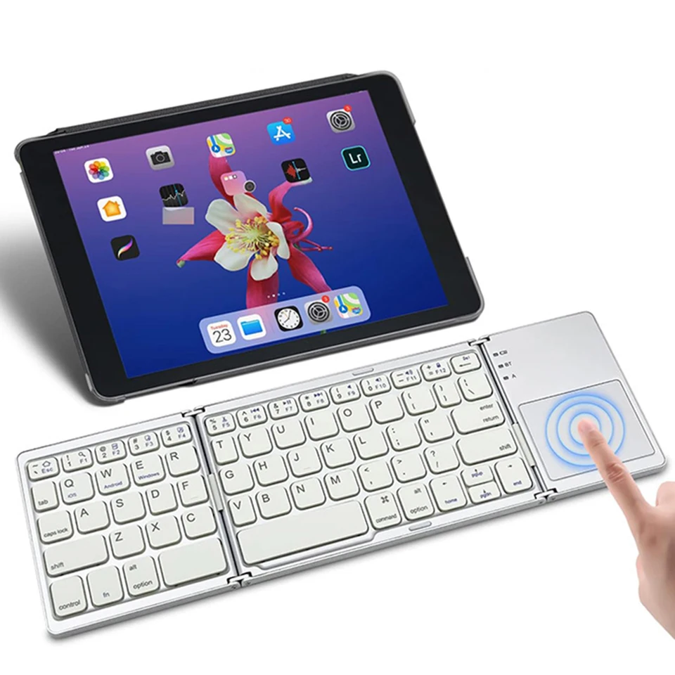 Bezdrôtová skladacia klávesnica s dotykovým nabíjateľným ultra tenkou klávesnicou Tri-Holiding pre Android iOS Tablet iPad Phone Windows