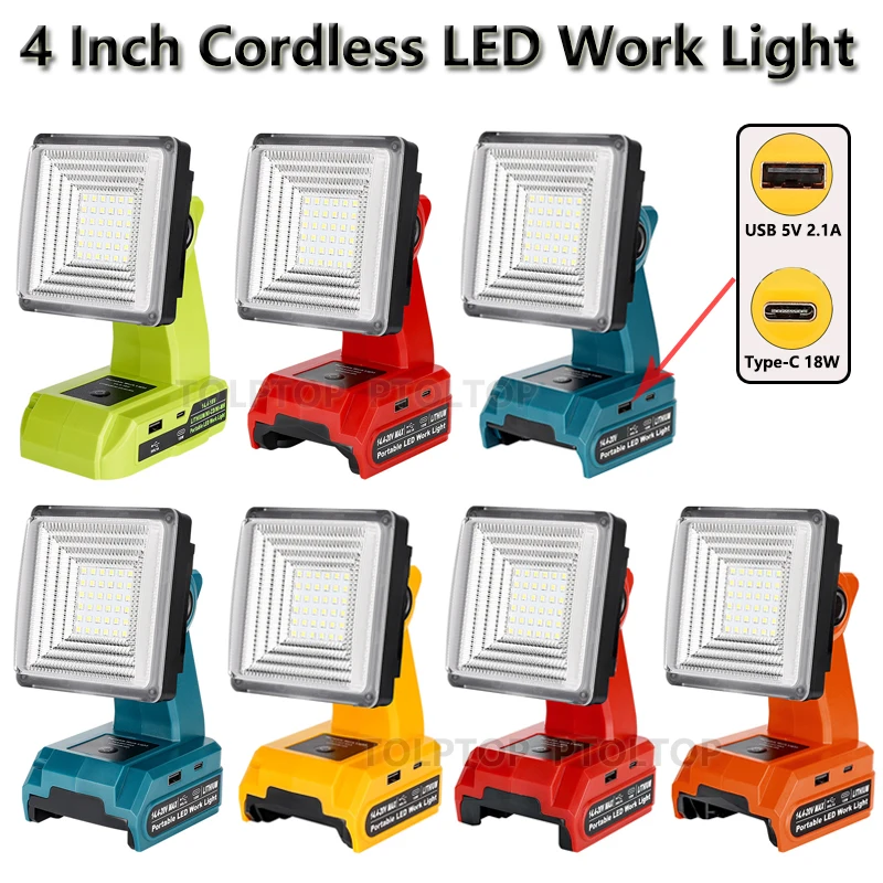 Bezdrôtové LED pracovné svetlo pre Makita/Bosch/Dewalt/Milwaukee/Ryobi/Black & Decker/Craftsman 14.4V-18V Li-ion batéria s USB a typu-C