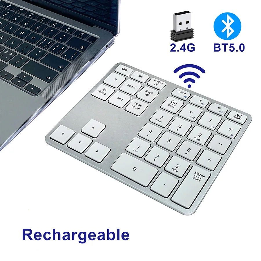 Bezdrôtové podložka Bluetooth, nabíjateľná číselná klávesnica 5.0 a 2,4G Dual-Mode Aluminium Numbad Keyboard pre Mac Windows