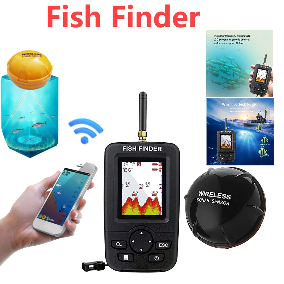 Bezdrôtové prenosné ryby Finder 100 m/125 kHz Sonar Hĺbka Sounder Sounder Alarm Ocean River Lake Lake Echo Sounder Nabíjateľný bezdrôtový senzor