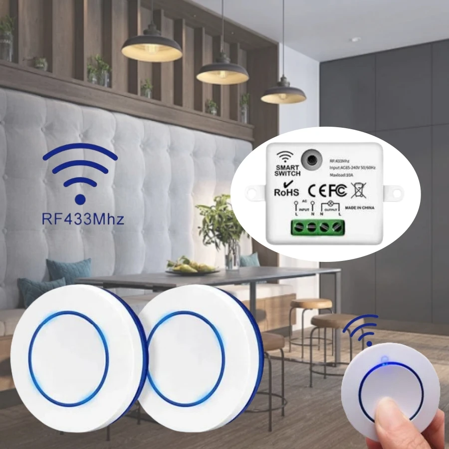 Bezdrôtové SMART 433 MHz Svetlo prepínača 10A 100-240V Relé ovládacie okrúhle okrúhle tlačidlo Prepínač Diaľkového ovládania pre LED osvetlenie LED