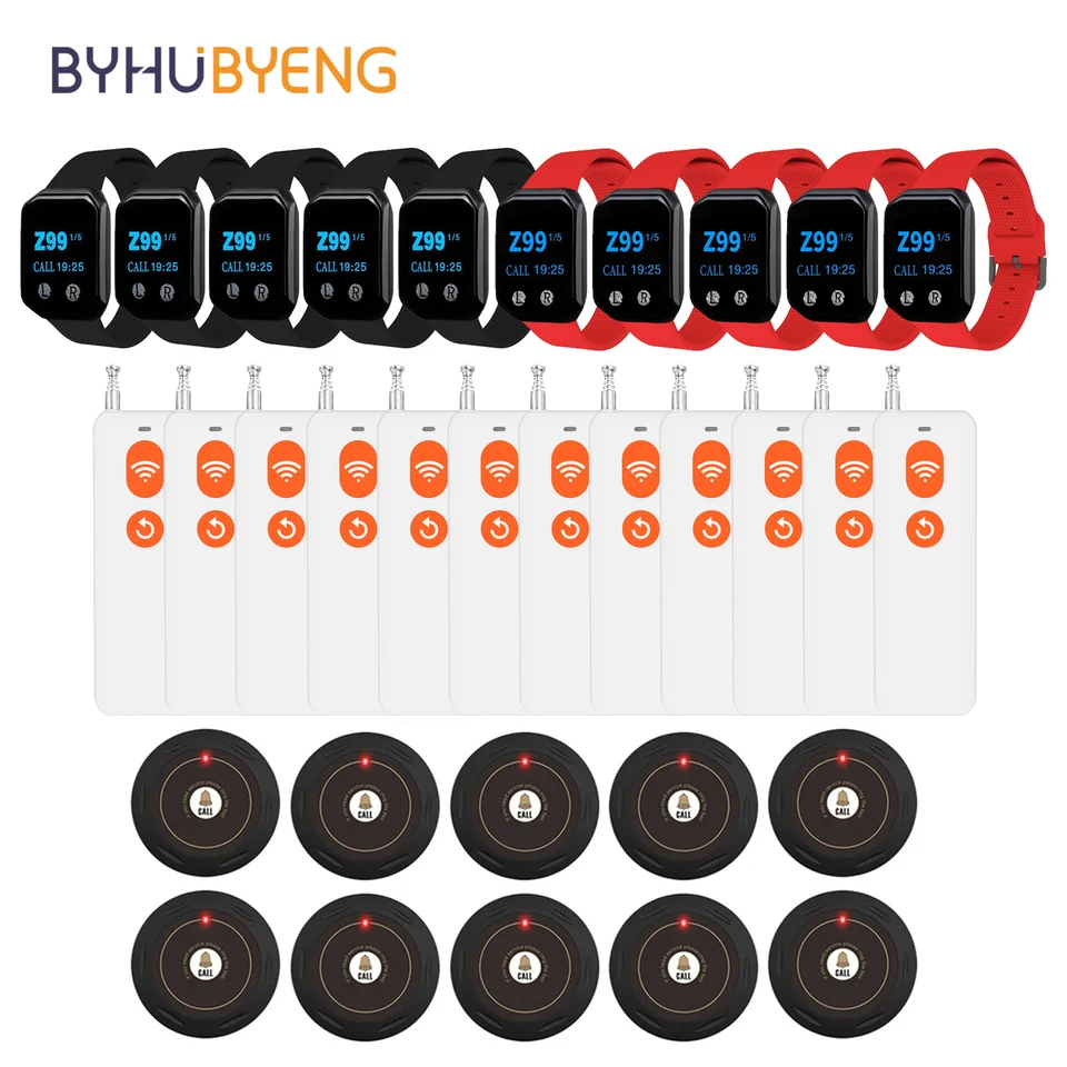 Bezdrôtové volanie Byhubyeng Calling Pager System 10 okrúhlych tlačidiel + 12 obdĺžnikových tlačidiel + 10 Čašník sleduje prijímač pre nemocničnú školu