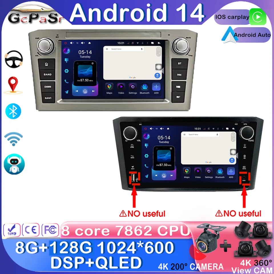 Bezdrôtový Android 14 CarPlay pre Toyota Avensis T25 2003-2008 Automobilie Radio Multimedia Video Player 5G WiFi GPS dotyková obrazovka