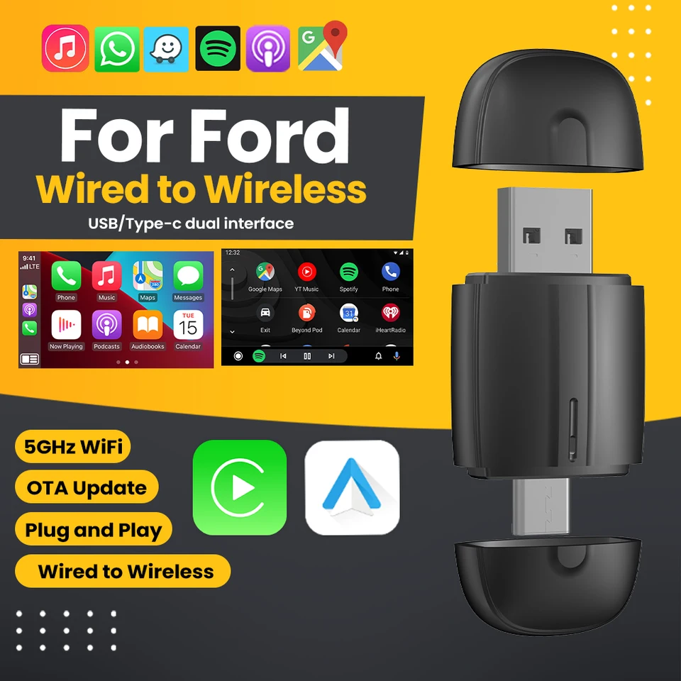 Bezdrôtový Android Auto Adapter CarPlay Adapter USB Type-C 2 v 1 pre Ford C-Max Fiesta Flex Focus Taurus Edge Escape Expedition