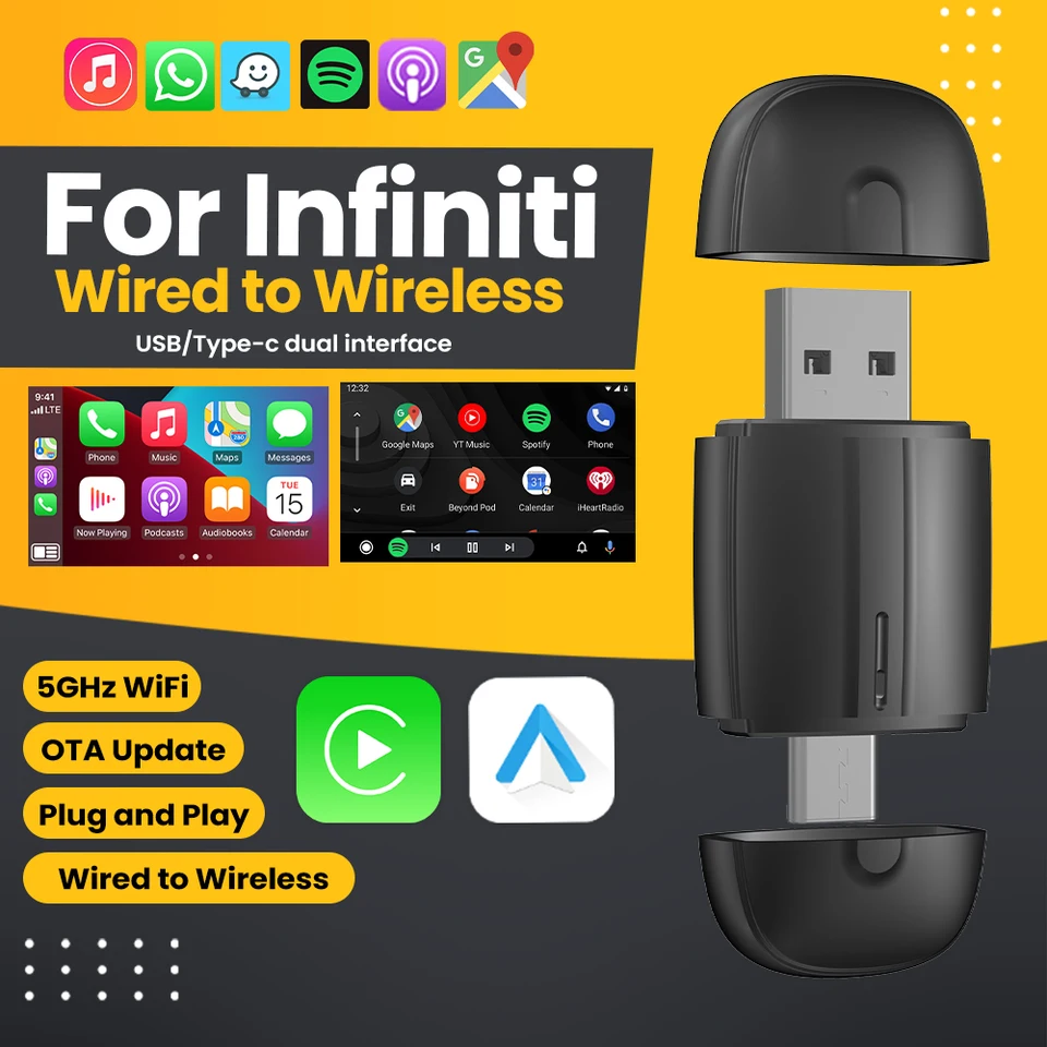 Bezdrôtový Android Auto Adapter CarPlay Adapter USB Type-C Plug and Play Bluetooth 2 v 1 pre Infiniti Q50 Q60 QX50 QX80 QX55 QX60