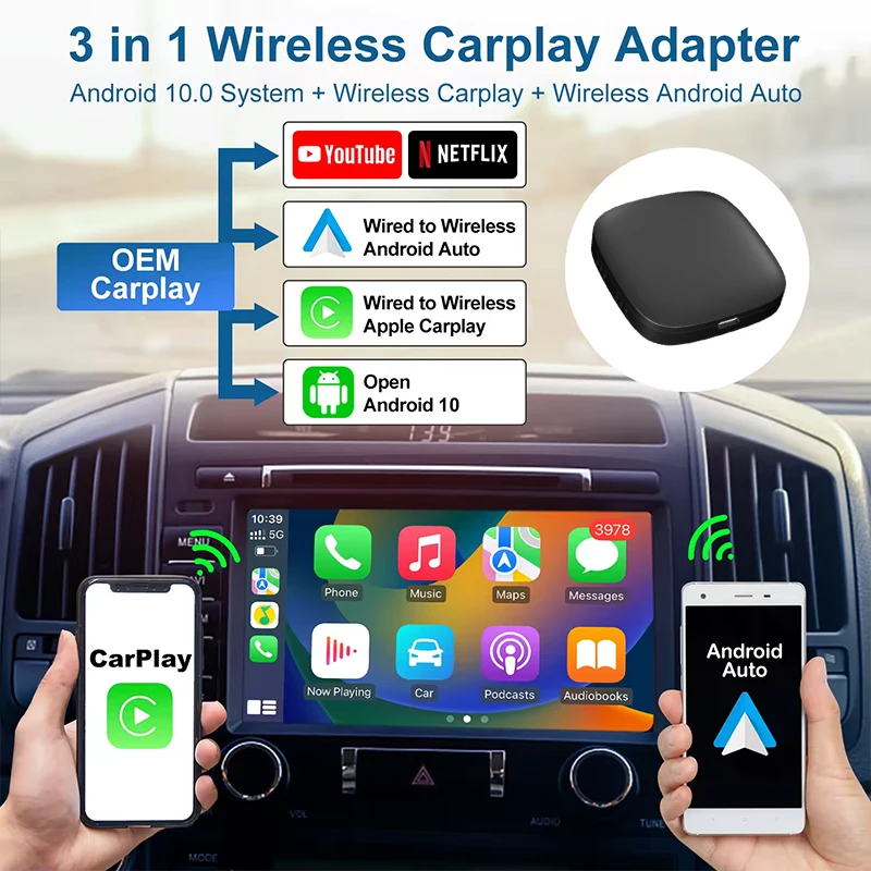 Bezdrôtový bezdrôtový CarPlay Adapter Android 10 podporuje Google Play Video Play 2+32 GB CarPlay Box