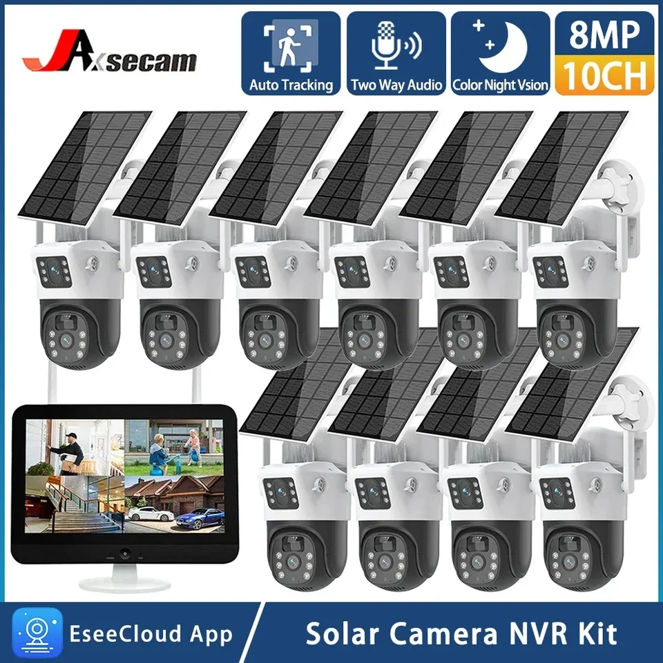Bezdrôtový bezpečnostný systém fotoaparátu so solárnou batériou 8MP 12.5 ＂Monitor 10ch WiFi Home Surveillance NVR súpravy NVR Outdoor CCTV IP PTZ Cam set