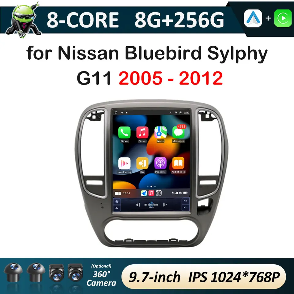Bezdrôtový CarPlay Cooling Fan pre Nissan Bluebird Sylphy G11 2005 2006 2007 2008 2009 - 2012 Multimediálny videozáznam automobilu č. 2 DIN