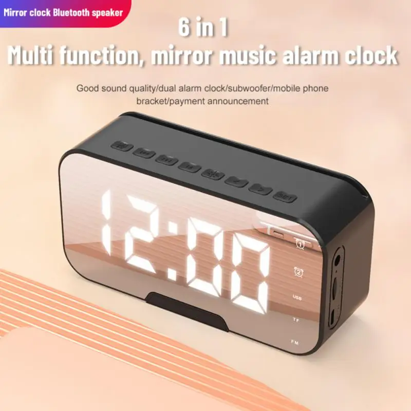 Bezdrôtový reproduktor Bluetooth s FM Radio Mini prenosné zrkadlo Zrkadlo Zvuk Duálne nastavenia budíka pre celý telefón