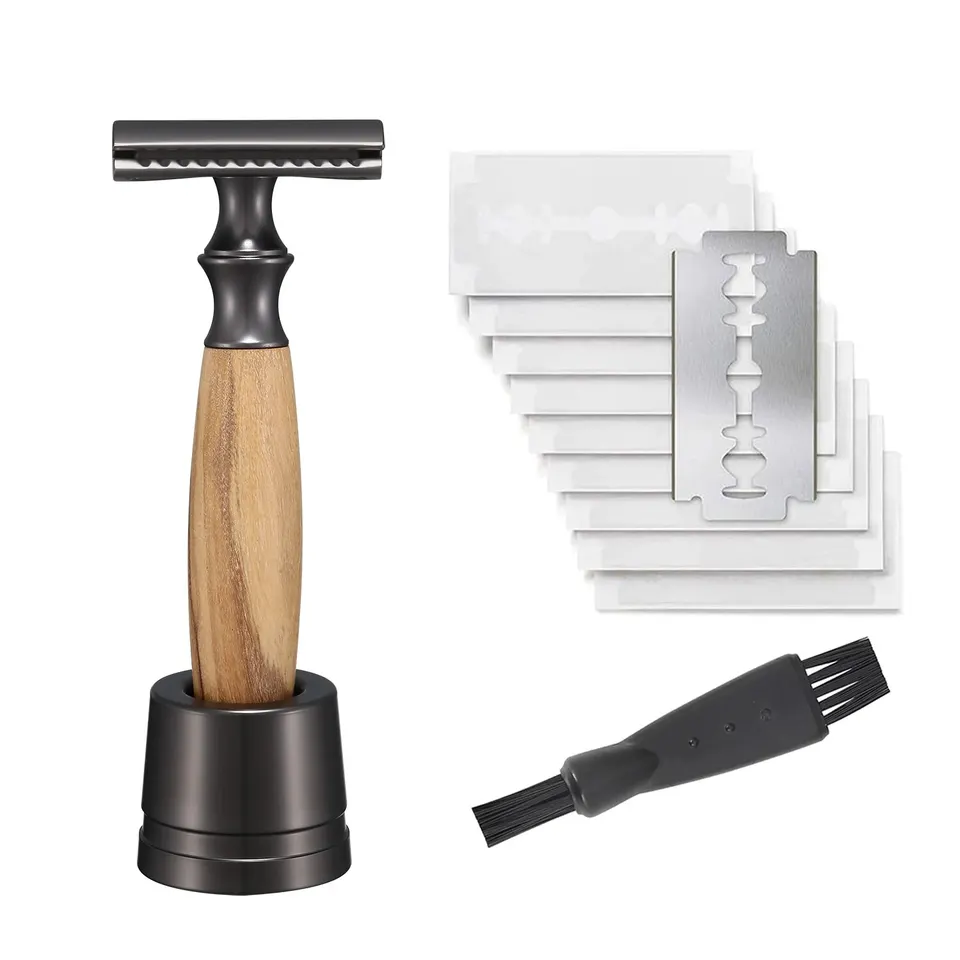 Bezpečnostný holiaci strojček vyrobený z olivového dreva pre mužov a ženy vrátane 10 brižiacich čepeľ nulového odpadu mokrého holiaceho strojčeka Razor Razor