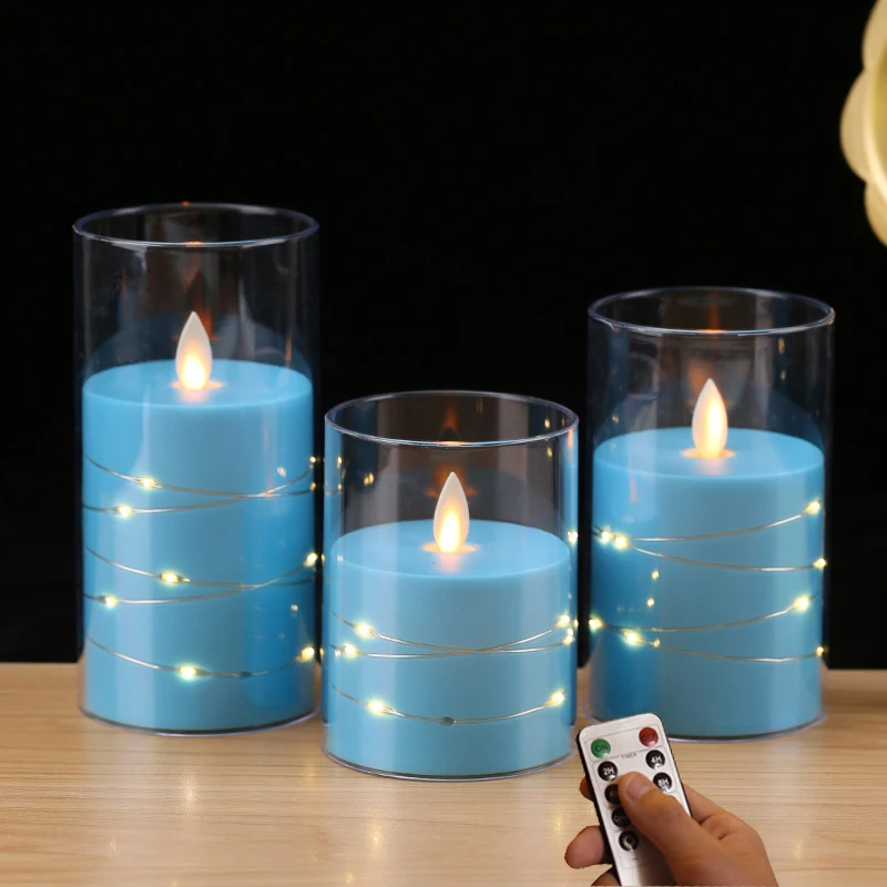 Bezplatná modrá sviečka LED s diaľkovým diaľkovým ovládaním, vložená medená šnúra, lampa s svadobnou udalosťou, domáci dekor, 3ks/set