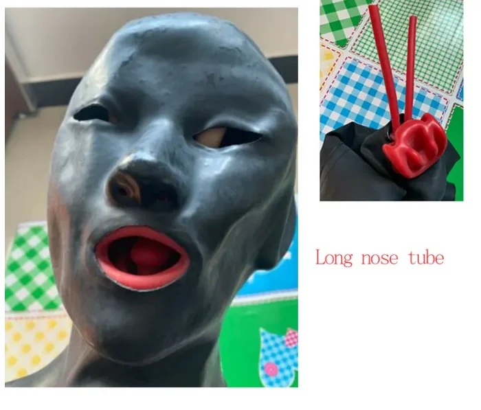 Bezproblémová 3D latexová kapucňa fetiš dlhá nosná trubica červené zuby roubík gumová maska ​​Otvorené zatvorené oko pre ženy (hlava okolo 54-57 cm)