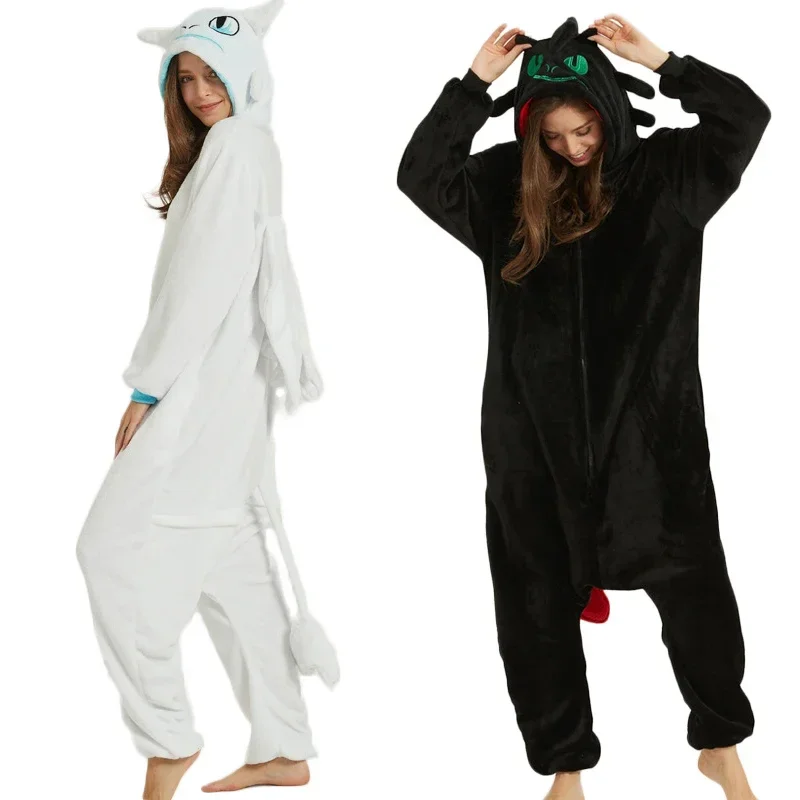 Bezzubý drak biely black onesie dospelých unisex flanel pyžama anime cosplay kostým vlak tvoj nočný zúri