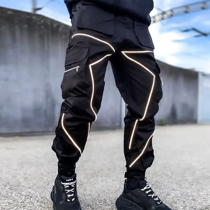 Bežci nákladné nohavice Muži módne reflexné zdobenie streetwear viacštoľových nohavíc Men nohavice