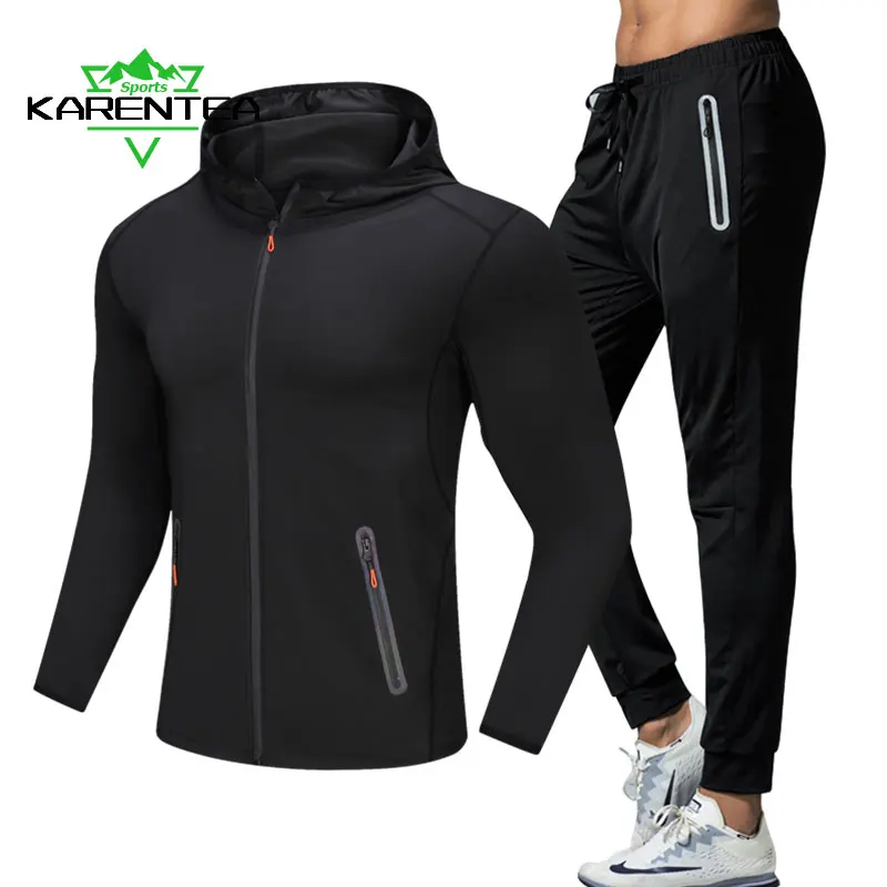 Bežecká bunda s kapucňou jogging tesné športové oblečenie Rýchle suché muži reflexné výcvik Set Gym odev Fitness Compression Sport Sport