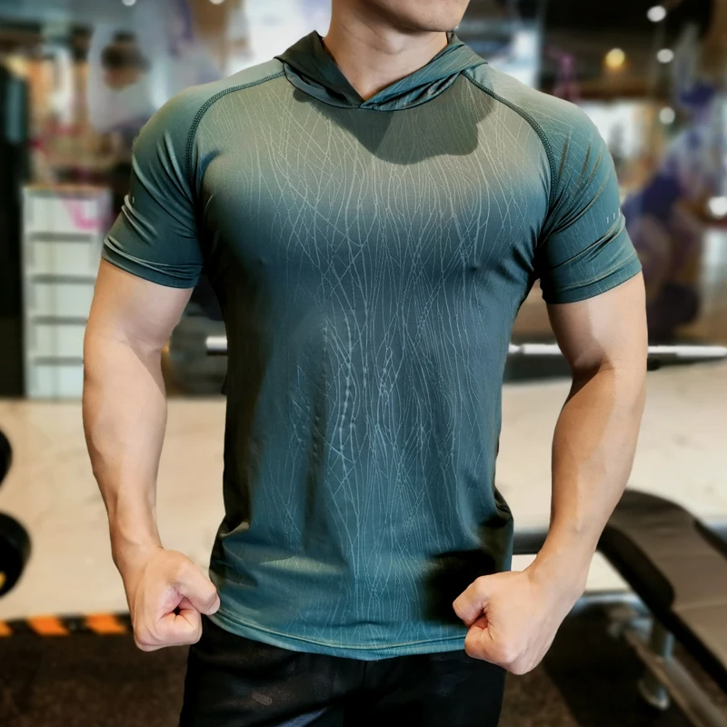 Bežecká telocvičňa tričko Tričko s krátkym rukávom štíhle kompresné vrcholy Tees elastické tričko Športové fitness rýchle suché kapucňa tričko s kapucňou