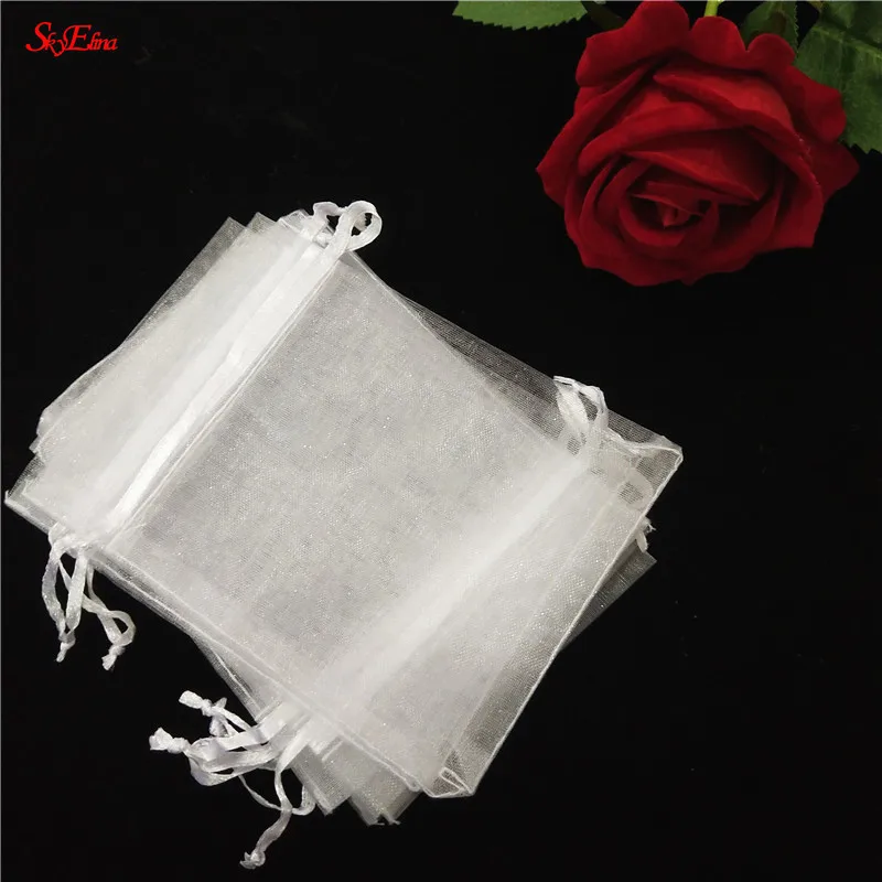 Biela 50ks organza darčeková taška šperky šperky Pounch 7x9 9x12 10x15 13x18 17x23 cm svadobné uprednostňovanie cukroviniek Pounches 5z