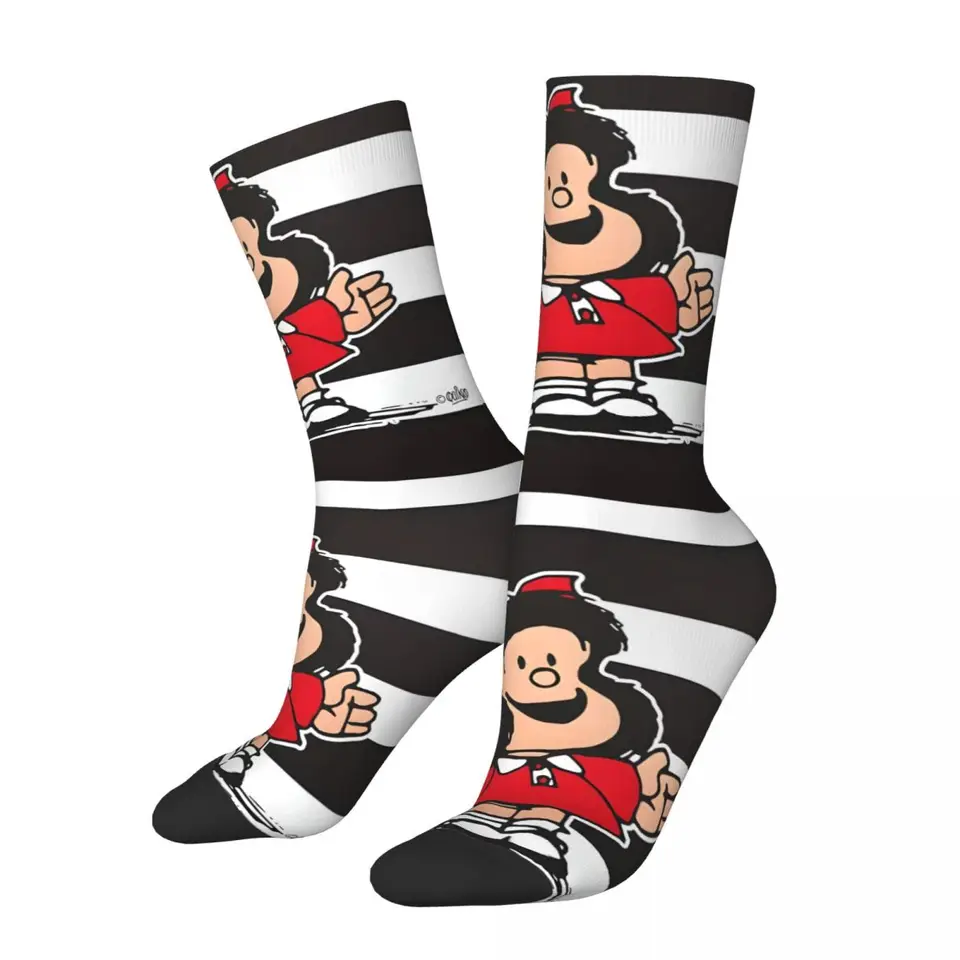 Biela a čierna čiara mafalda hip hop retro mužské ponožky unisex 3d tlačené vtipné ponožky darček
