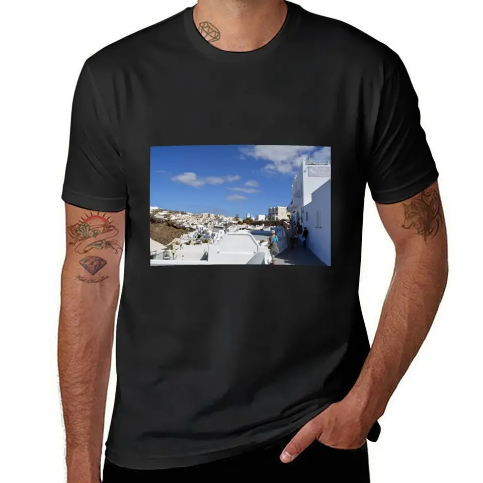 Biela architektúra v Santorini, Grécko tričko Funnys Pow Anime Anime krátke rukávy tričko tréning košeľa