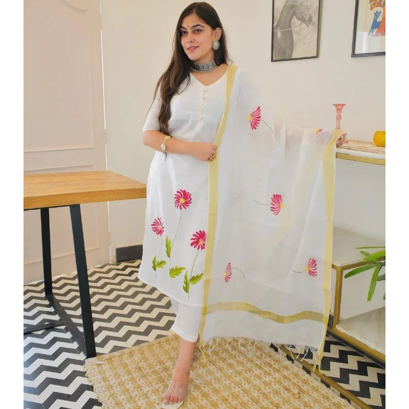 Biela farba kota doriya tkanina Nový príchod salwar oblek rovné šaty Kurti nohavice