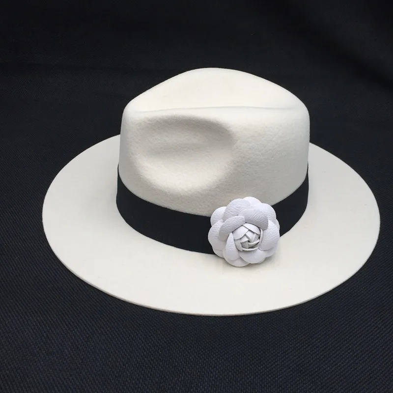 Biela fedora vlnená zmes klobúk široký brim Panama Flower Winter Hat Addesty Party Dovolenka nakupovanie darček jej žena dievča bedr