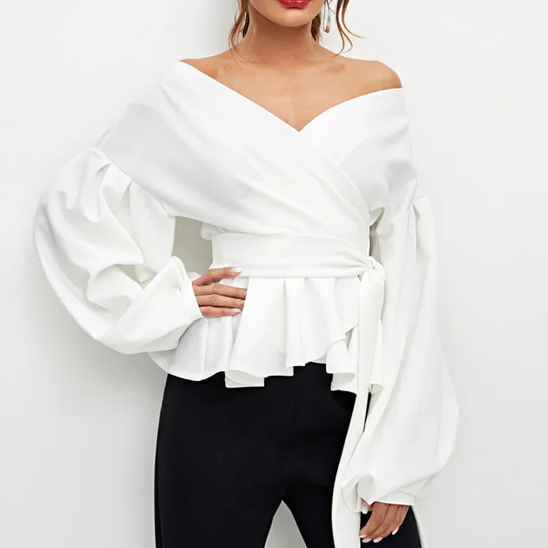 Biela kancelária Lady Elegantná lucerna rukávy prebytok peplum z ramena Solid blúzka Jeseň sexy ženské vrcholy a blúzky -ch36