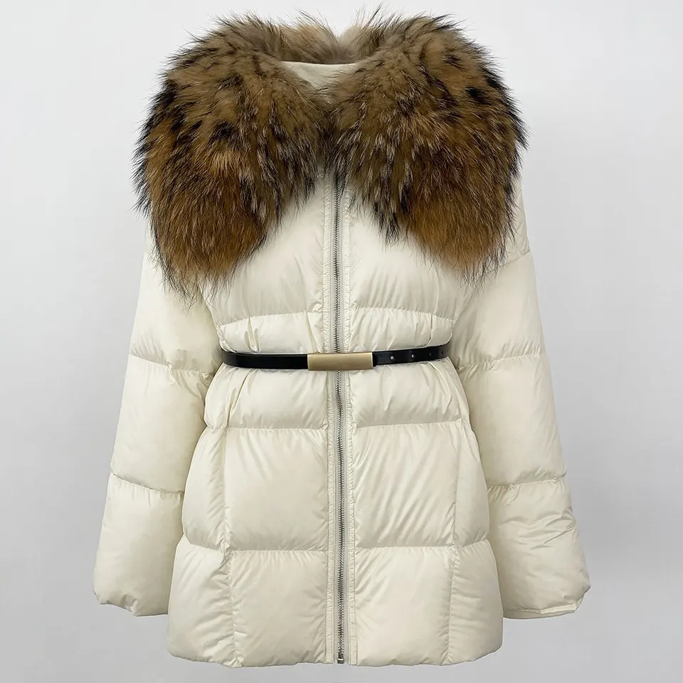 Biela kačica down srsť ženský 2024 Nová zimná zimná veľká prírodná mývala kožušinová puffer bunda ženy šnurovaný pás Warm Fluffy Parka