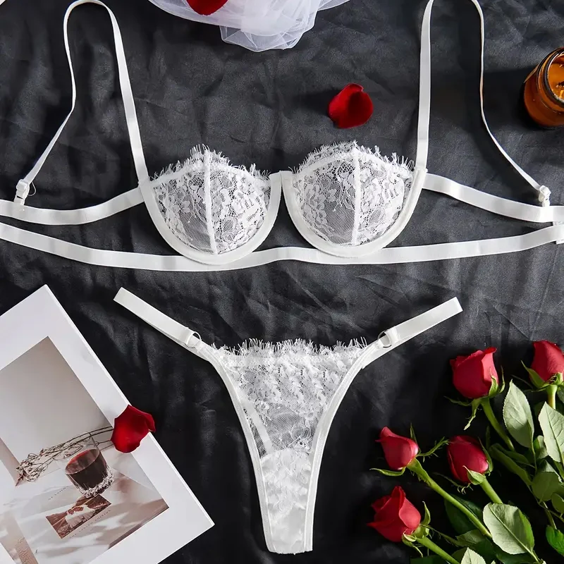 Biela kvetinová čipka Lingerie Set Intimates Intimates Vidieť prostredníctvom Bra & Thong Sets Dámske sexy spodné prádlo Erotické spodné prádlo