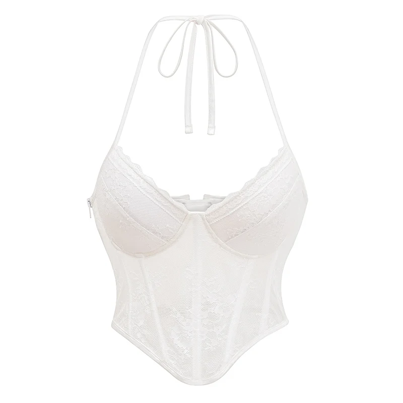 Biela kvetinová čipka ohláňací krk bez spätného tvaru nosenie lenceria majer sexy push up korzet top ženy gothing bustiers & espartilhos