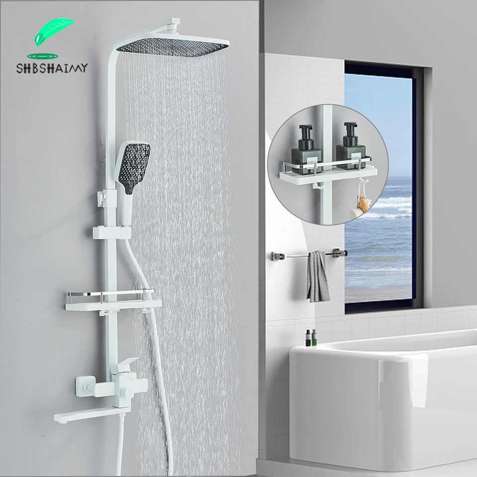 Biela kúpeľňa sprcha faucet set dlhá rotácia slova 3 funkcia zrážok hlavy s poličkou horúcej studenej sprchy Mixer Tap System