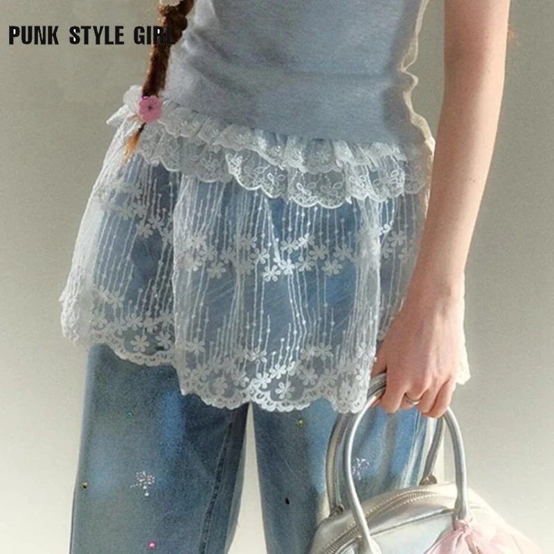 Biela masívna harajuku biela sieťová čipka sukňa y2k kórejská dievčina stohovaná sukňa Elegantná zástera zábava sukňa Lace Up zodpovedajúce nohavice streetwear