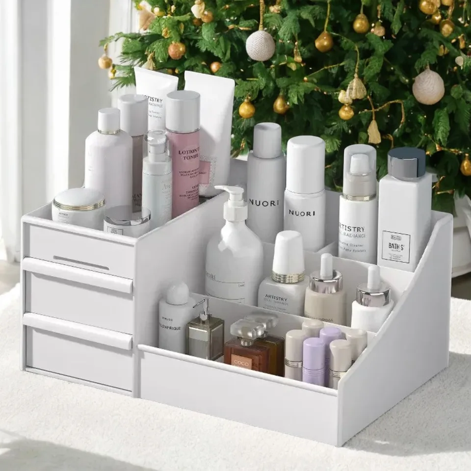 Biela moderná 1-dielna plastová zásuvka make-up pre organizáciu na internáte a skladovanie kozmetiky na zásuvke na stolí