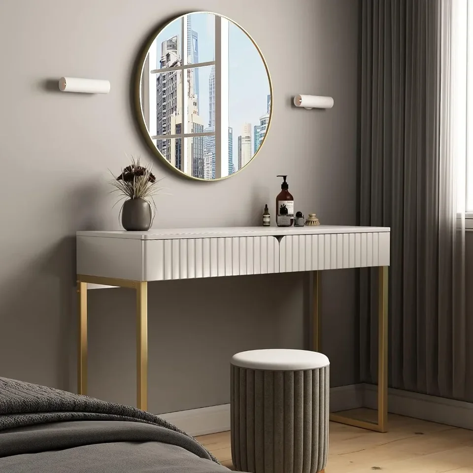 Biela márnosť stola s 2 zásuvkami, zlatým a bielym stolom, domácim stolom Modern makeup Vanity Table, (Zlaté nohy)