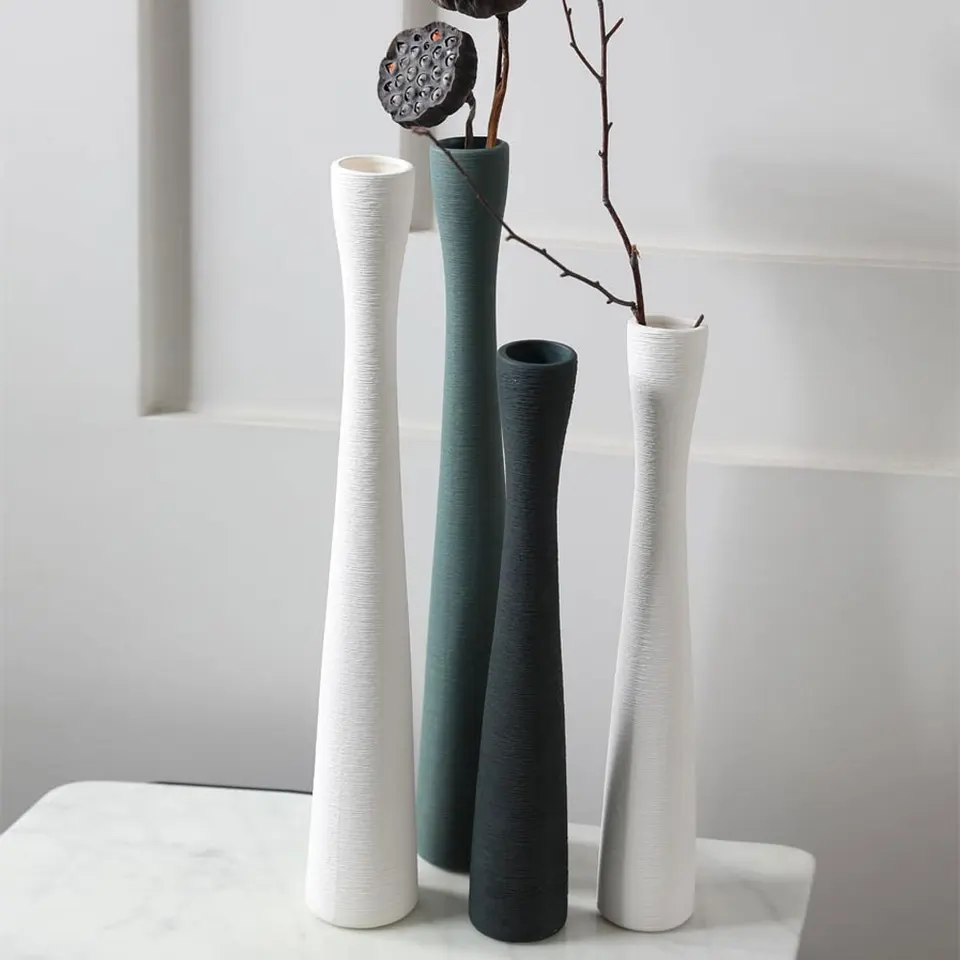 Biela podlahová váza pre kvety Matt Skinny Green White vysoká keramická kvetinová váza pre bampass trávu moderný minimalistický štýl Home dec