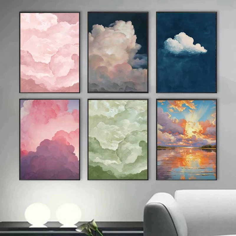 Biela ružová mraková stena umenie Cloudy Sky Painting Cloud Clapl maľby biely oblak Abstrakt maľba domáca izba dekor nástenné umenie